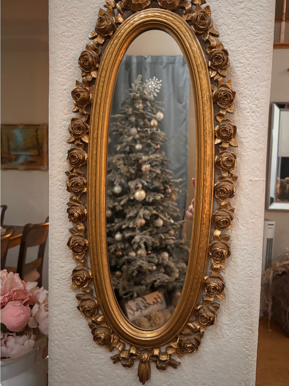 Vintage 1961 Syroco 2324 Gold Oval Mirror Roses Bow Hollywood Regency 25x10